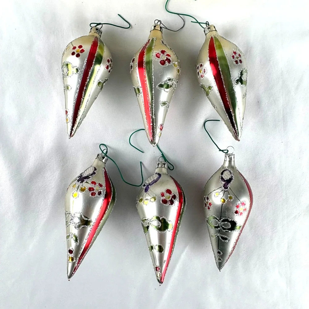 Vtg Romania Hand Decorated Glass Finial Ornaments Set of 6 Silver Red Glitter